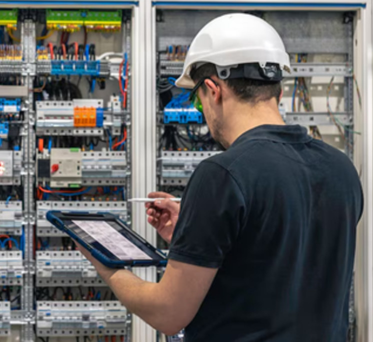 Engineer reviewing drawings on a tablet in front of an open electrical cabinet